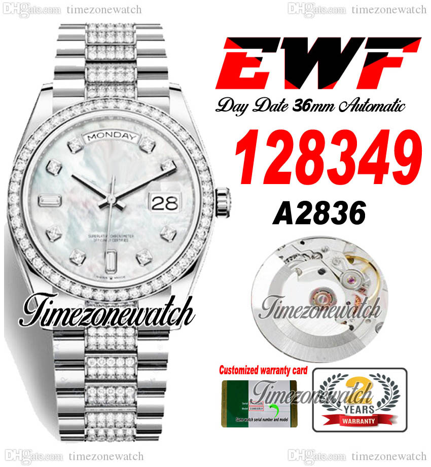 EWF DayDate 36mm 128349 A2836 Automatic Mens Watch Diamonds Case MOP Diamonds Dial Diamond OysterSteel Bracelet Same Serial Card Super Edition Timezonewatch C3, Custom warranty card
EWF DayDate 36mm 128349 A2836 Automatic Mens Watch Diamonds Case MOP Diamonds Dial Diamond OysterSteel Bracelet Same Serial Card Super Edition Timezonewatch C3, Custom warranty card