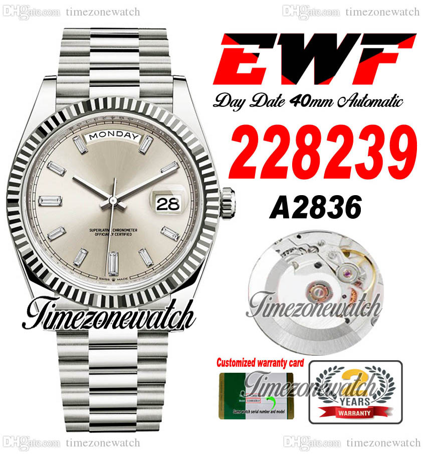 EWF DayDate 228398 A2836 Automatic Mens Watch Flute Bezel Silver Baguette Diamond Dial President Bracelet Same Serial Card Super Edition Timezonewatch D4, Custom warranty card
EWF DayDate 228398 A2836 Automatic Mens Watch Flute Bezel Silver Baguette Diamond Dial President Bracelet Same Serial Card Super Edition Timezonewatch D4, Custom warranty card