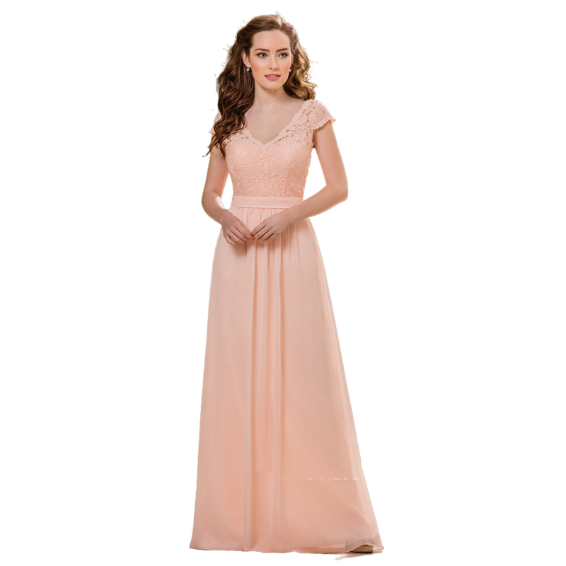 Peach Chiffon A-Line Bridesmaid Dress Long V-Neck Cap Sleeve Beach Garden Wedding Party Gowns Lace Top Elegant Floor Length Prom Evening Wear