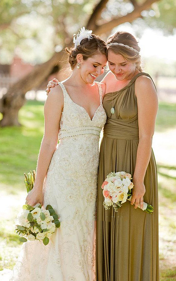 Convertible Country Bridesmaid Dress with Open Back and Ribbon Tie A-Line Olive Green Garden Beach Wedding Guest Formal Dresses Floor Length