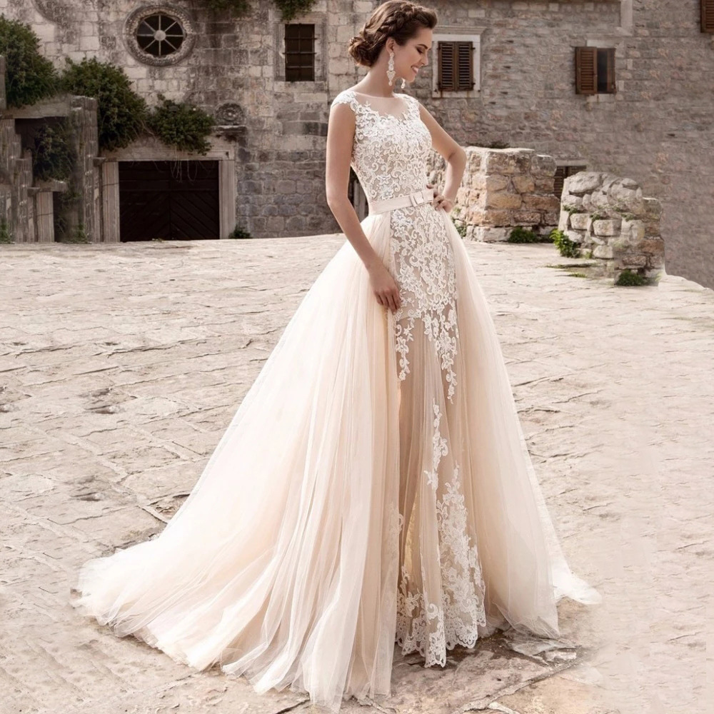 2023 Luxury Mermaid Wedding Dresses Sheer Neck Long train Illusion Full Lace Applique vintage Overskirts Button Back Chapel Train Bridal Gowns