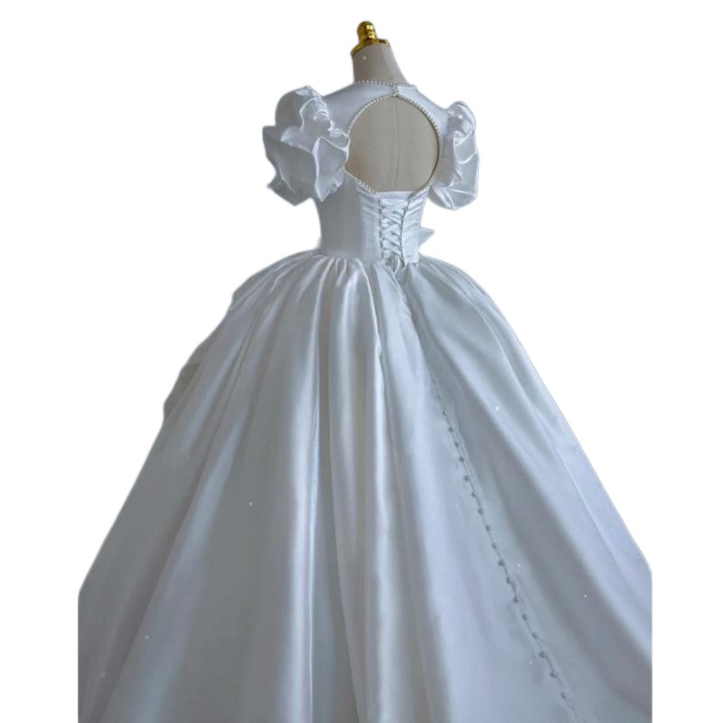 2023 New French Satin Light Wedding Dress Simple short sleeve Palace Retro Hepburn beaded Wed Dresses with bow Vestido de novia