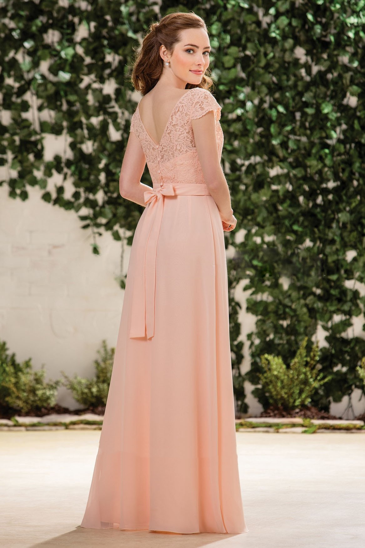 Peach Chiffon A-Line Bridesmaid Dress Long V-Neck Cap Sleeve Beach Garden Wedding Party Gowns Lace Top Elegant Floor Length Prom Evening Wear