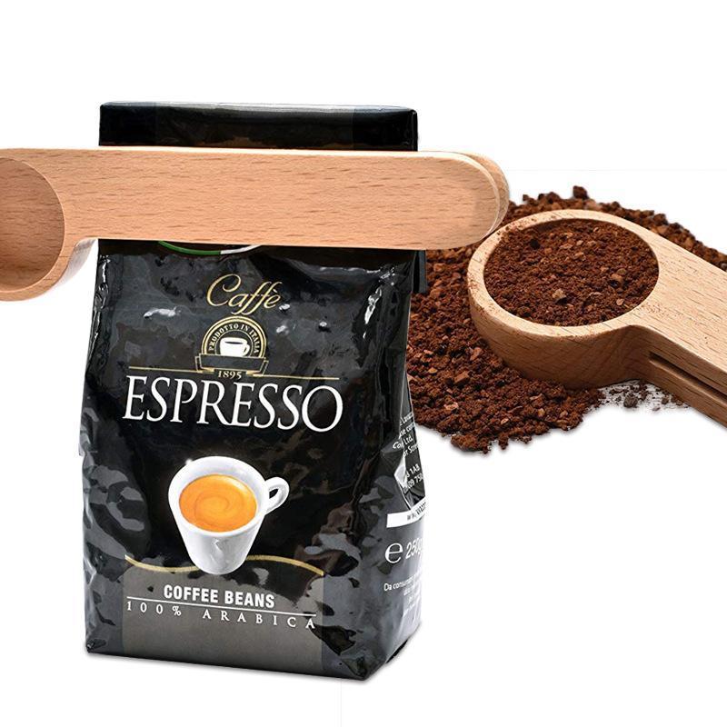 Spoon Wood Coffee Scoop With Bag Clip Tablespoon Solid Beech Wooden Measuring Scoops Tea Bean Spoons Clips Gift FY5271