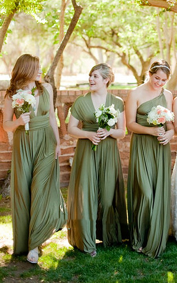 Convertible Country Bridesmaid Dress with Open Back and Ribbon Tie A-Line Olive Green Garden Beach Wedding Guest Formal Dresses Floor Length