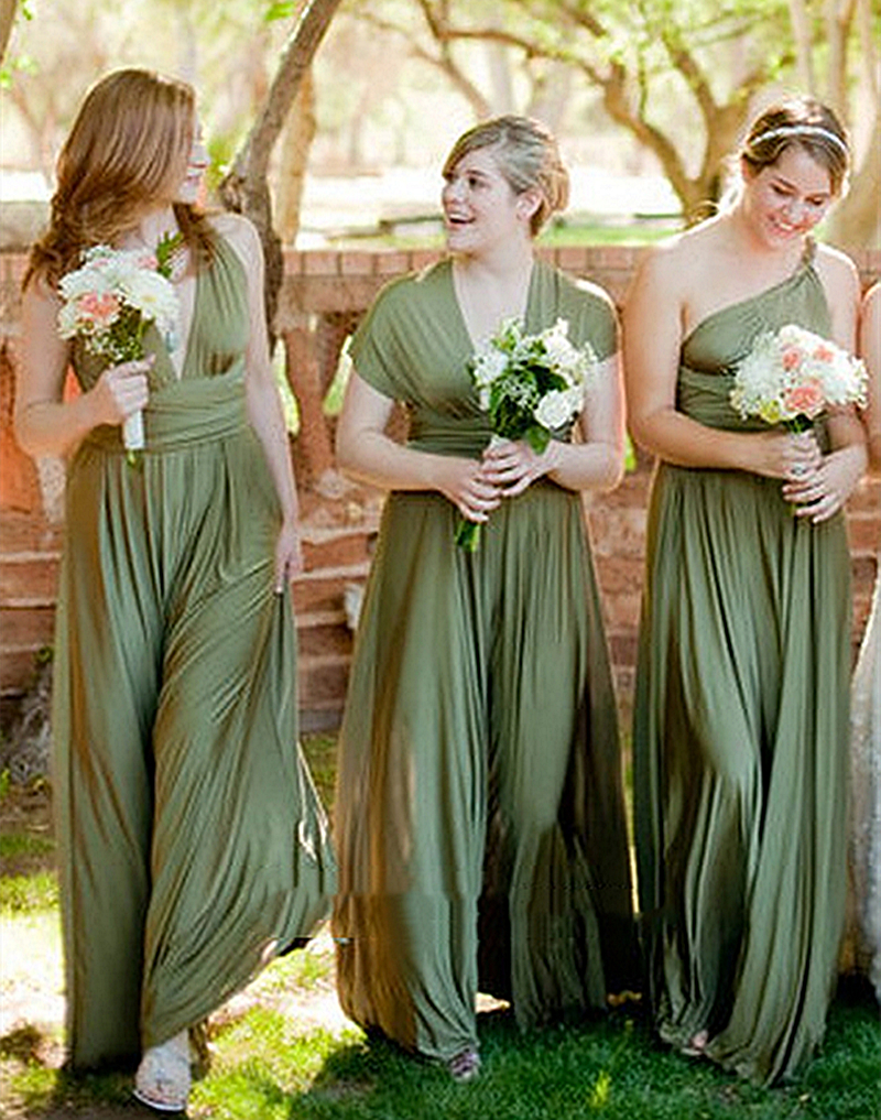 Convertible Country Bridesmaid Dress with Open Back and Ribbon Tie A-Line Olive Green Garden Beach Wedding Guest Formal Dresses Floor Length
