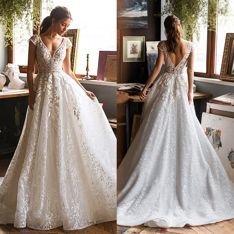Boho A-Line Lace Wedding Dress Cap Sleeve V-Neck Country Bridal Gowns Sweep Train Bohemian Backless Vestidos De Novia 2022