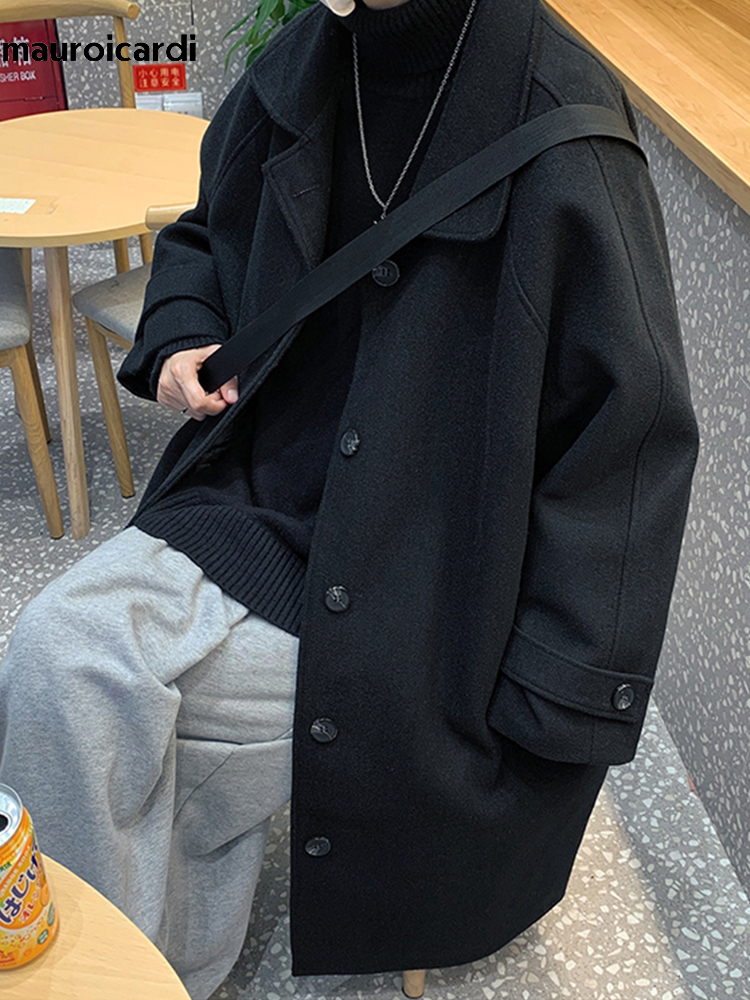 Men's Wool Blends Mauroicardi Autumn Winter Oversized Black Casual Soft Warm Woolen Coat Women Raglan Sleeve Single Breasted Loose Korean Fashion