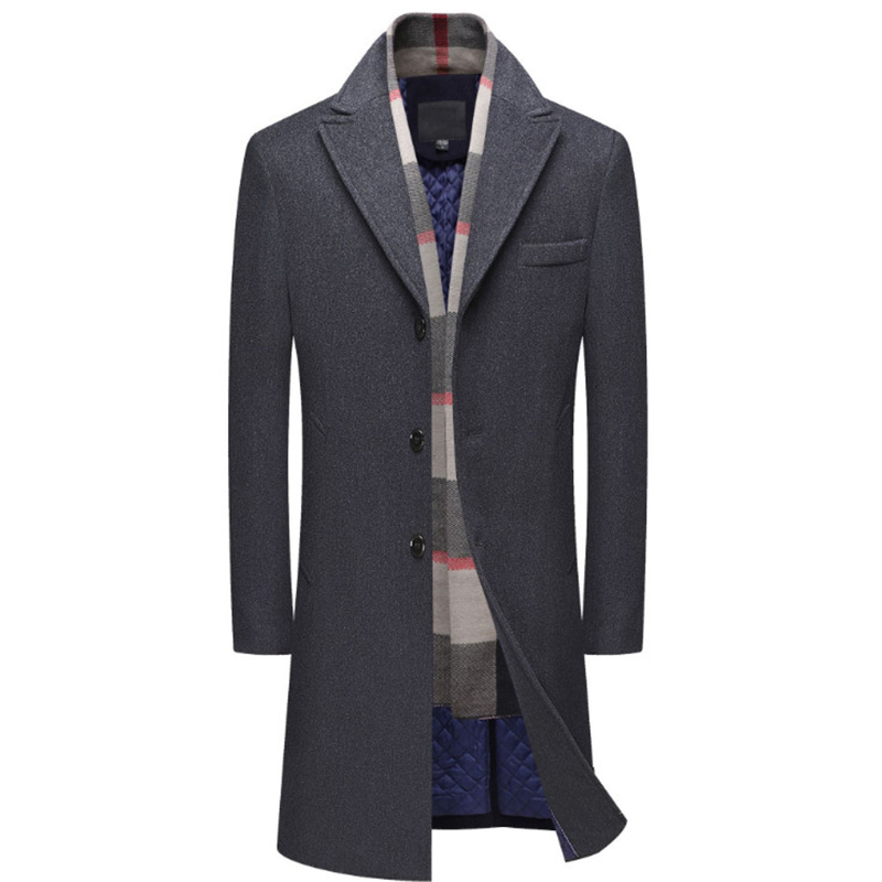Men's Wool Blends Mens Wool Coat Single Breasted Long Trench Coat Men Winter Thick Woolen Overcoat Casual Jacket Detachable Scarf 220930