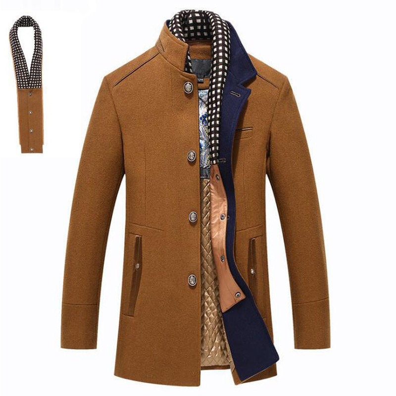 Men's Wool Coat Winter Cashmere Jackets Men Casual Long Slim Fit Trench Jacket Thick Woolen With Detachable Scarf Coats 3Xl Xxl 220930