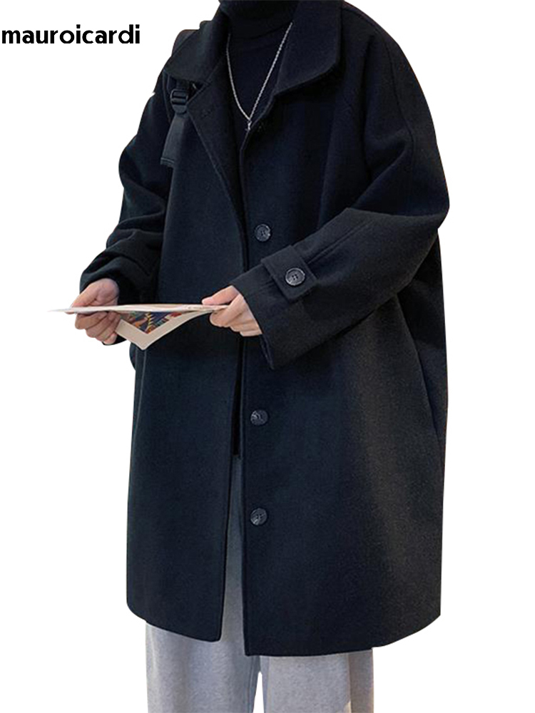 Men's Wool Blends Mauroicardi Autumn Winter Oversized Black Casual Soft Warm Woolen Coat Women Raglan Sleeve Single Breasted Loose Korean Fashion