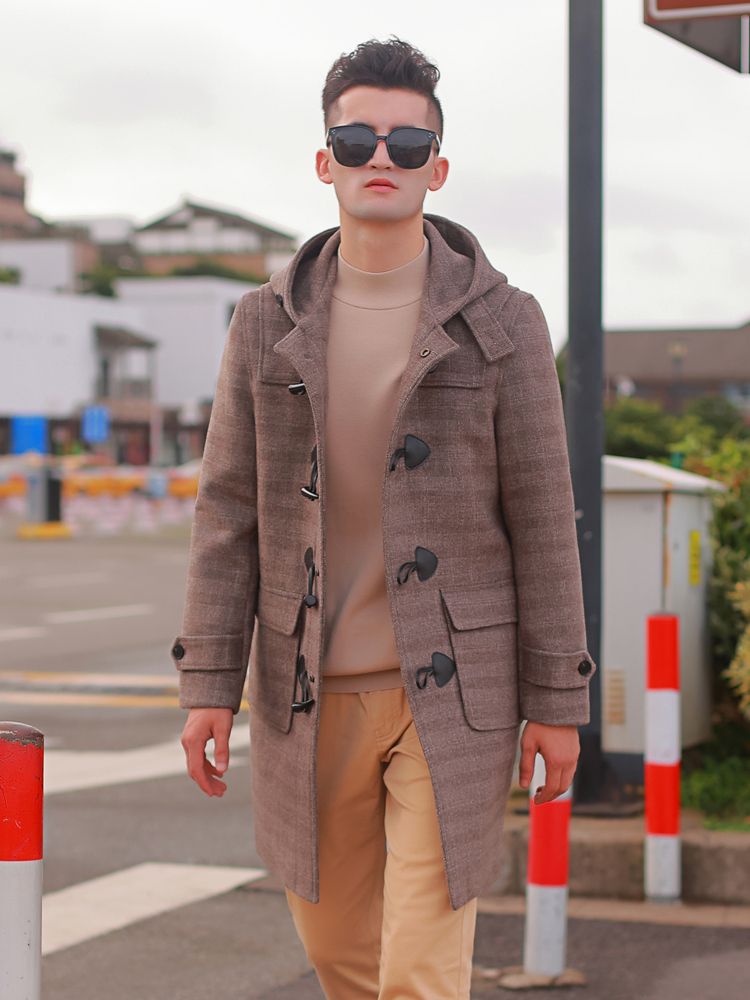 Men's Wool Blends Horn button hooded wool tweed coat men's winter thickened English check casual men's coat 220930
