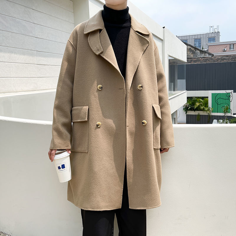 Men's Wool Blends Winter Men's Woolen Blends Trench Loose Snow Jacket Long Windbreaker Casual Parkas Cashmere Business Coat Cottonpadded Clo