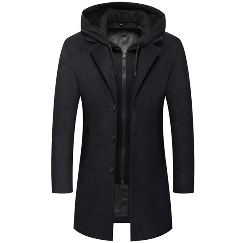 Men's Wool Blends Winter Wool Coat Men Fashion Hooded Long Trench Coat Business Casual Men Woolen Overcoats Single Breasted Jacket 220930