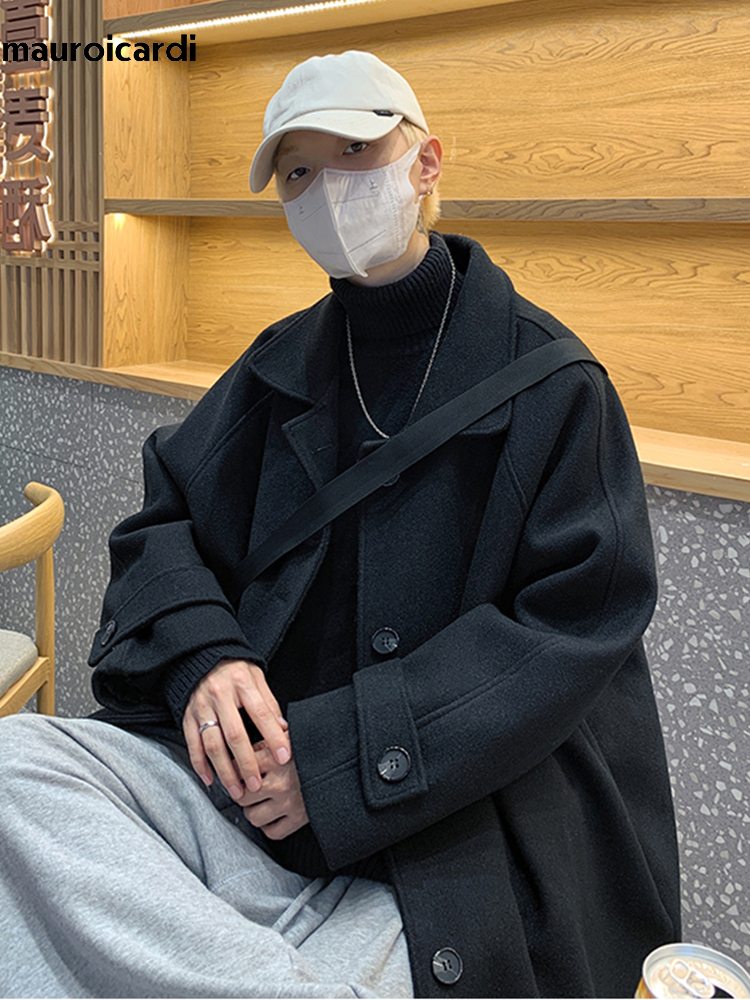 Men's Wool Blends Mauroicardi Autumn Winter Oversized Black Casual Soft Warm Woolen Coat Women Raglan Sleeve Single Breasted Loose Korean Fashion