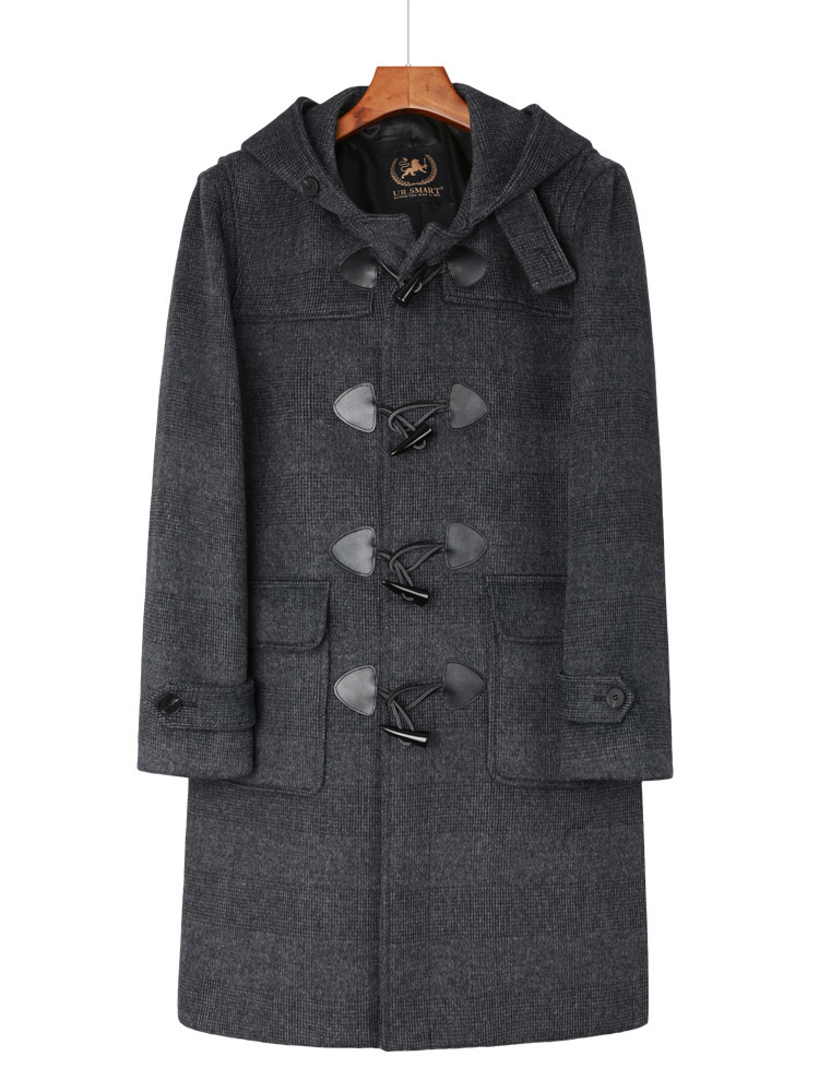 Men's Wool Blends Horn button hooded wool tweed coat men's winter thickened English check casual men's coat 220930