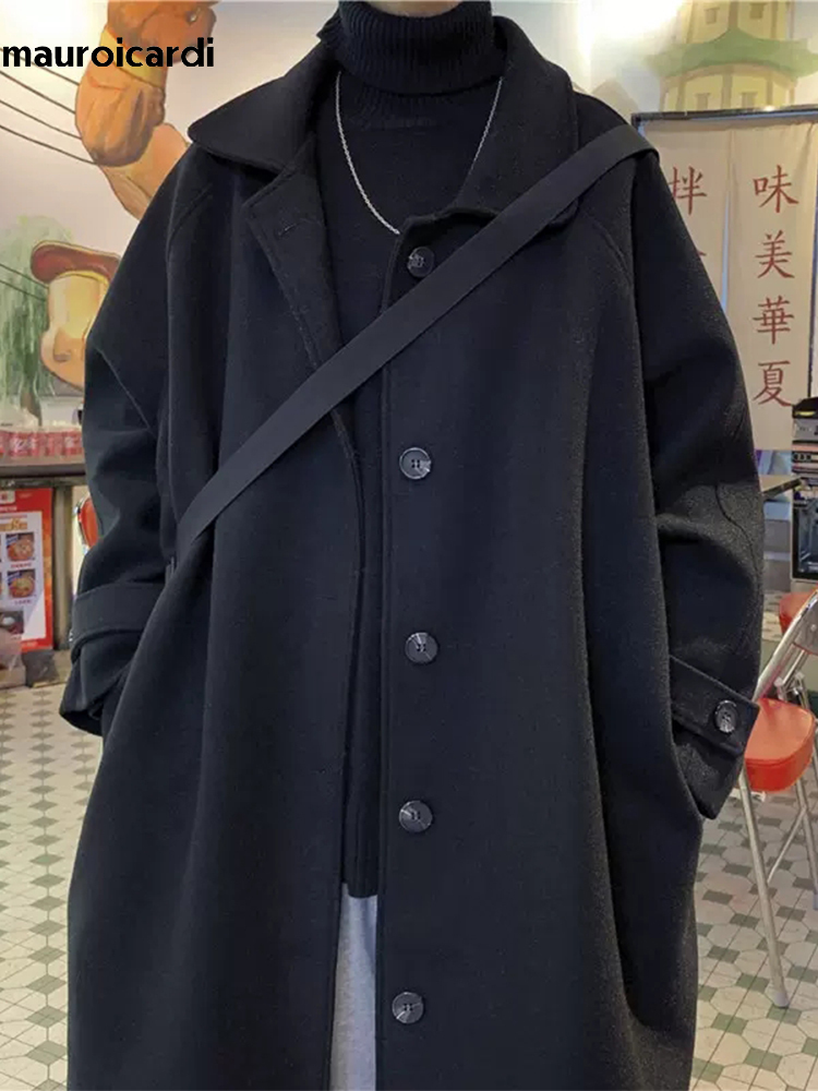 Men's Wool Blends Mauroicardi Autumn Winter Oversized Black Casual Soft Warm Woolen Coat Women Raglan Sleeve Single Breasted Loose Korean Fashion