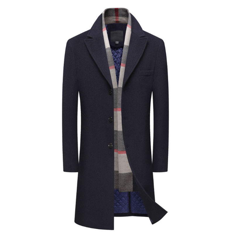 Men's Wool Blends Mens Wool Coat Single Breasted Long Trench Coat Men Winter Thick Woolen Overcoat Casual Jacket Detachable Scarf 220930