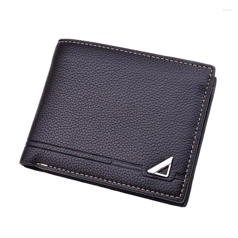 Wallets Men's Wallet Short Fashion Open Soft Male Casual Lychee Pattern Coin Purses Multi-card Position Money Clip Thin Card Holder, Black