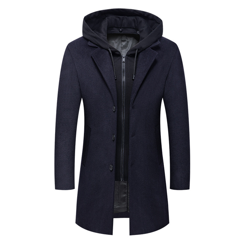 Men's Wool Blends Winter Wool Coat Men Fashion Hooded Long Trench Coat Business Casual Men Woolen Overcoats Single Breasted Jacket 220930