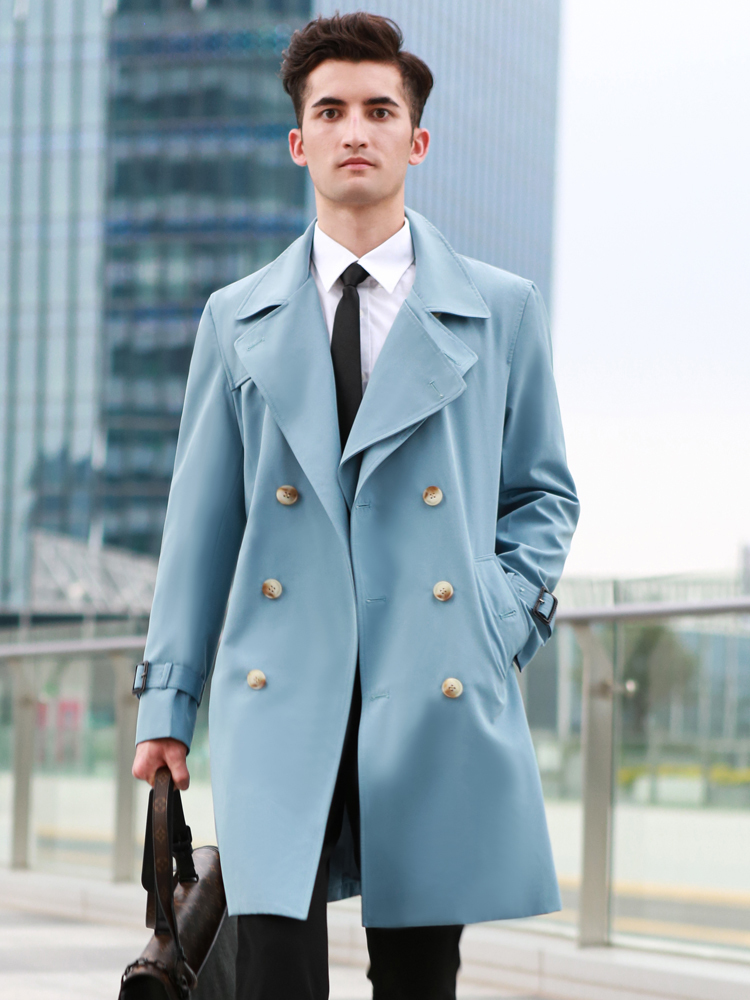 Men's Jackets Long windbreaker double breasted British fashion sky blue autumn and winter double collar loose coat jacket 220930