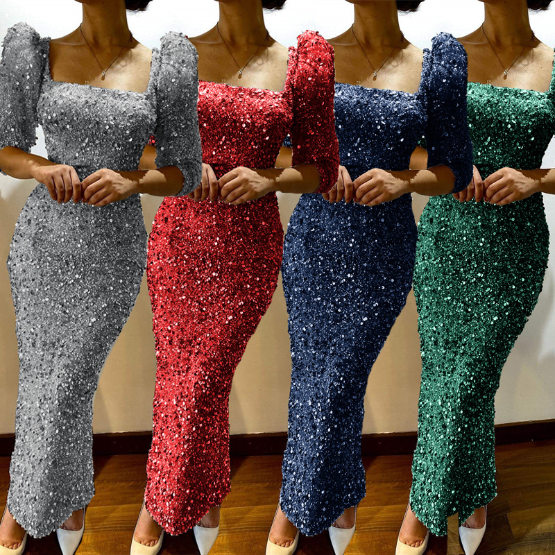 Luxury Evening Dresses Bright red Sequins Beads Halter Long Sleeves Prom Dress Formal Party mermaid Gowns Custom Made sequined gown