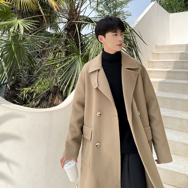 Men's Wool Blends Winter Men's Woolen Blends Trench Loose Snow Jacket Long Windbreaker Casual Parkas Cashmere Business Coat Cottonpadded Clo