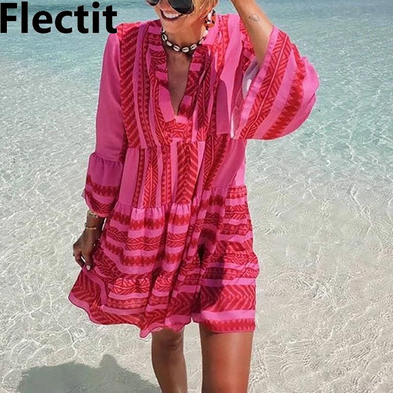 

Dresses Flectit Women Aztec Dress Boho Chic Flared Sleeve Tiered Tunic Dress Summer Ladies Vacation Resort Wear, Customize