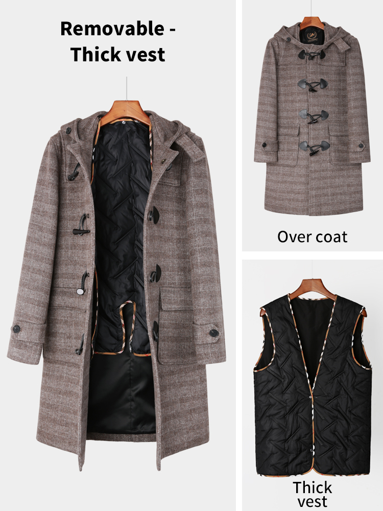 Men's Wool Blends Horn button hooded wool tweed coat men's winter thickened English check casual men's coat 220930