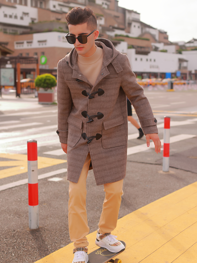 Men's Wool Blends Horn button hooded wool tweed coat men's winter thickened English check casual men's coat 220930