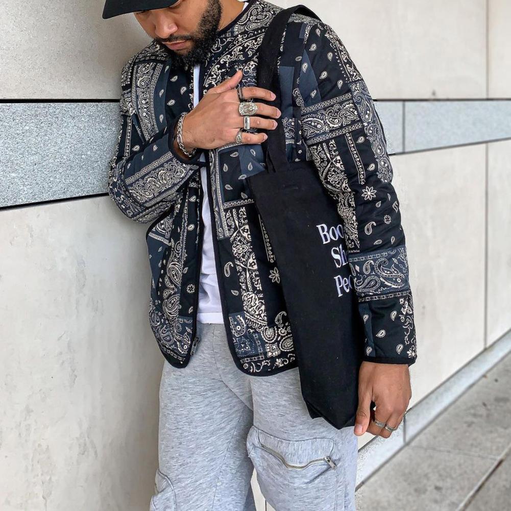 Men's Jackets Men's Coat ONeck Long Sleeve Zipper Closure Ethnic Style Jacket Cashew Nut Print Plus Size Warm Casual Jacket Men's Cloth