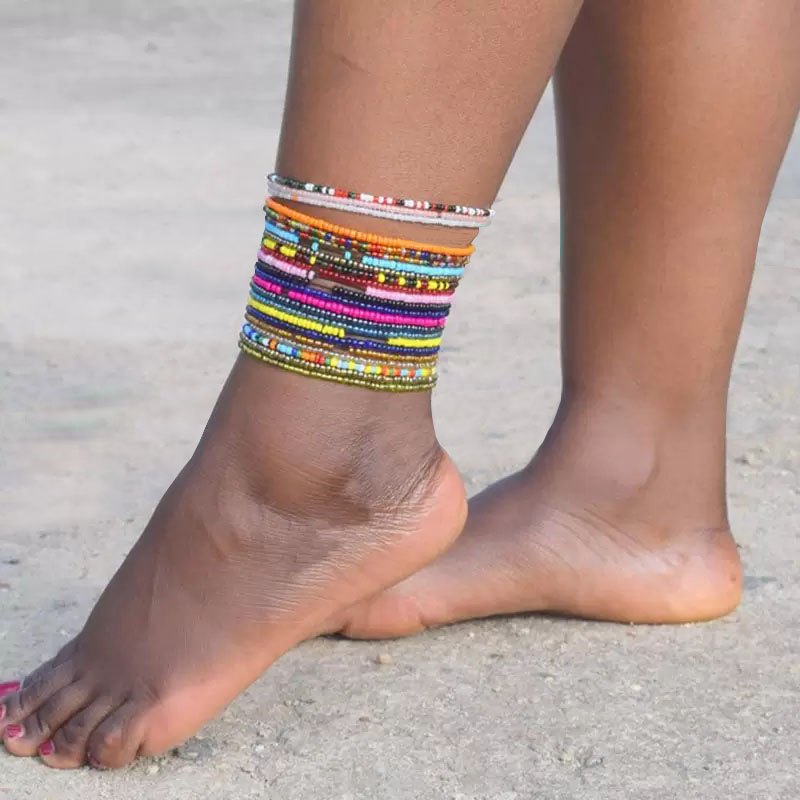 Boho Handmade Beaded African Anklets Multicolor Women Stretch Seed Beads Rainbow Ankle Bracelets Glass Bead Bracelet Elastic Foot and Hand Chain Jewel