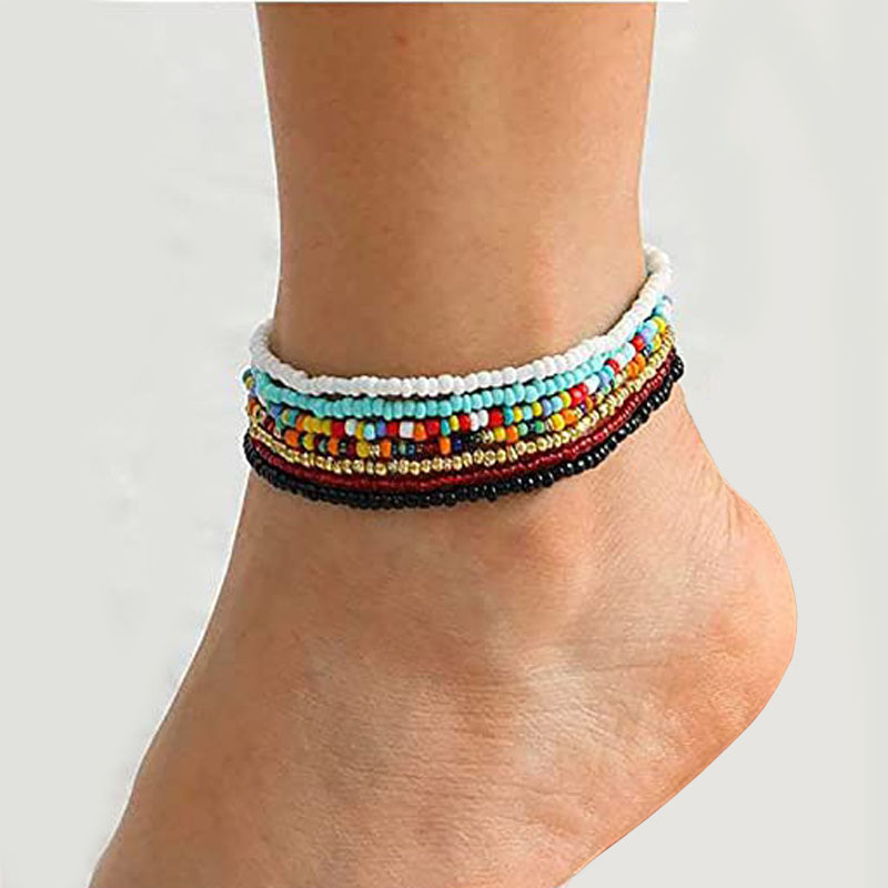 Boho Handmade Beaded African Anklets Multicolor Women Stretch Seed Beads Rainbow Ankle Bracelets Glass Bead Bracelet Elastic Foot and Hand Chain Jewel