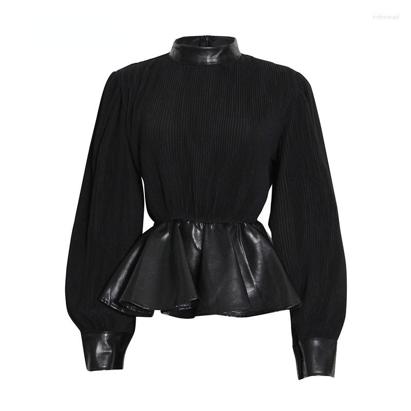 Women' Blouses IHOBBY Women Black Pu Leather Blouse Ruffle High Waist Patchwork Knitted Lantern Sleeves Streetwear
Women' Blouses IHOBBY Women Black Pu Leather Blouse Ruffle High Waist Patchwork Knitted Lantern Sleeves Streetwear