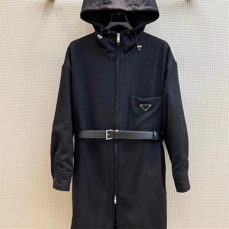 Wool Hooded Belt Trench Coat With Classic Triangular Embellishment And Metal Long wool windbreaker, Black
Wool Hooded Belt Trench Coat With Classic Triangular Embellishment And Metal Long wool windbreaker, Black
