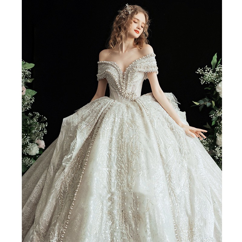 2023 Luxury Crystal Beading Wedding Dress off shoulder lace Scoop Neck ball gown Bridal Gowns Sweep Train Custom Made Dresses
