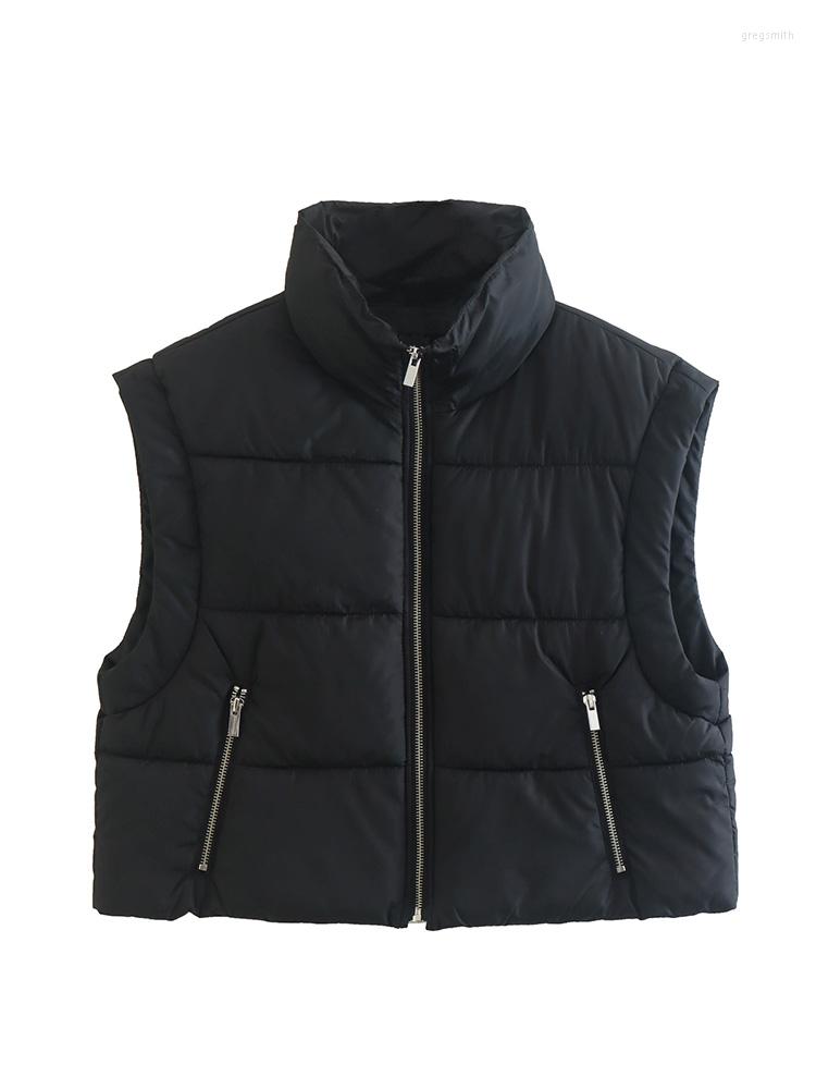 

Women's Vests Winter Women Jackets 2022 High Neck Black Quilted Padded Vest With Zipper Pockets Sleeveless Cropped Puffer Gilet Jacket