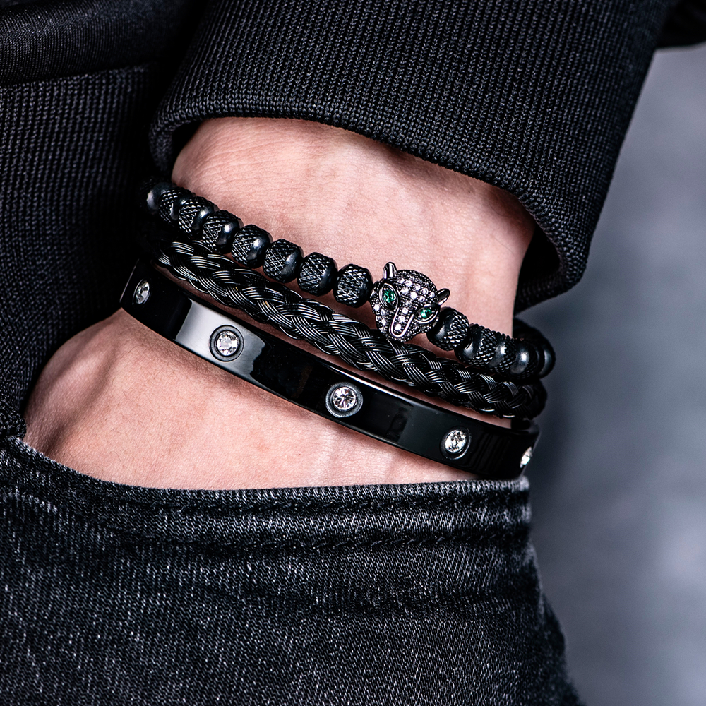 Luxury Micro Pave CZ Leopard Head Roman Royal Charm Bracelets Men Bracelets Stainless Steel Crystals Bangles Couple Handmade Jewelry Gift