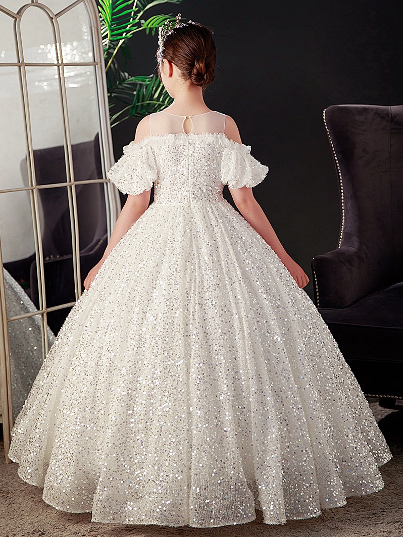 2023 Lovely Christmas Dark white Flower Girls Dresses Jewel Neck Crystal Beads Tulle Tiered Floor Length sequined Kids Birthday Girl Pageant Gowns