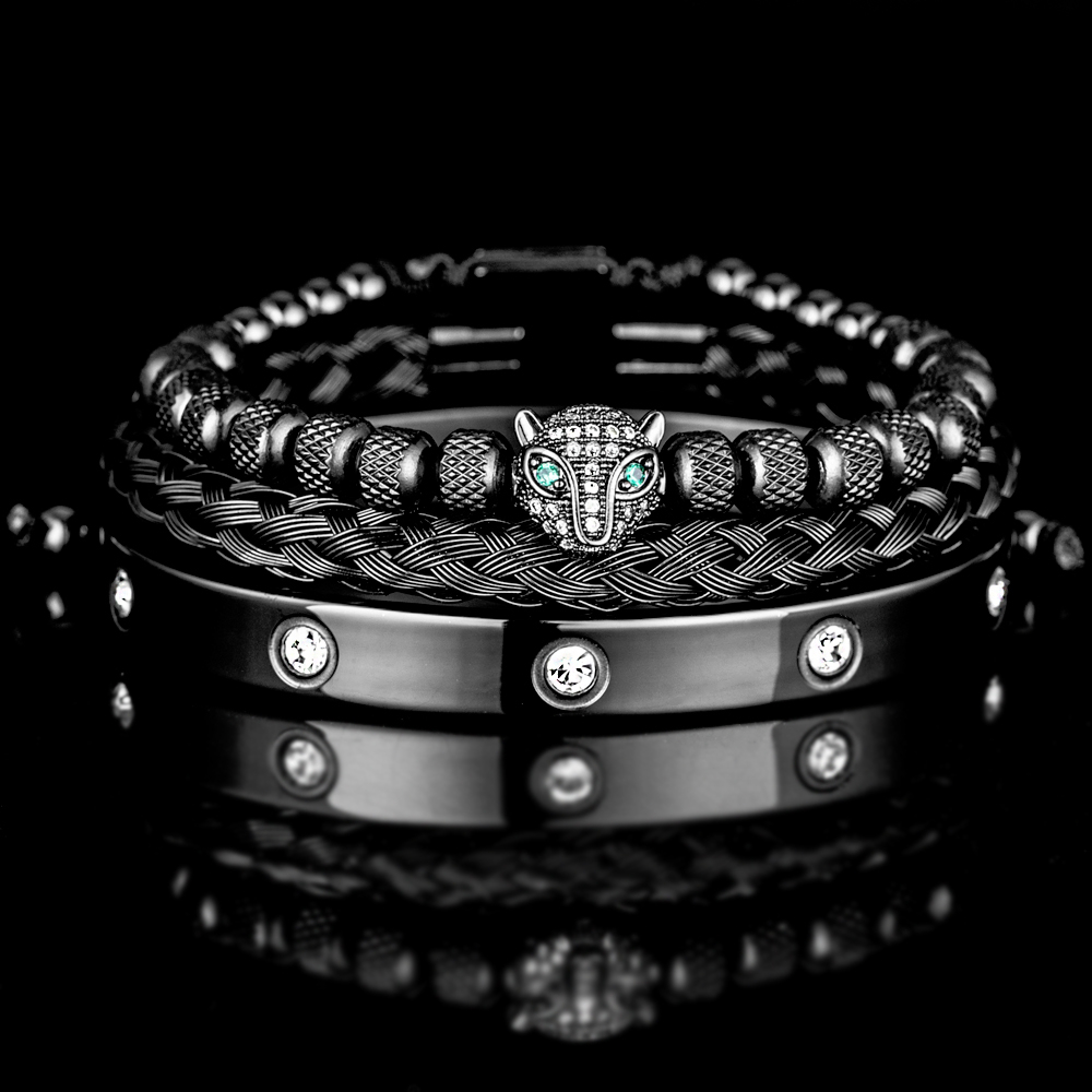 Luxury Micro Pave CZ Leopard Head Roman Royal Charm Bracelets Men Bracelets Stainless Steel Crystals Bangles Couple Handmade Jewelry Gift
