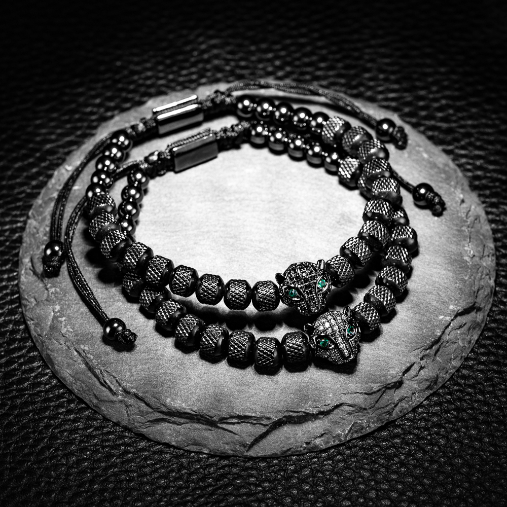 3pcs/set Classical Handmade Braiding Bracelet Hip Hop Men Pave CZ Leopard Head Roman Numeral Bracelet Stainless Steel Jewelry