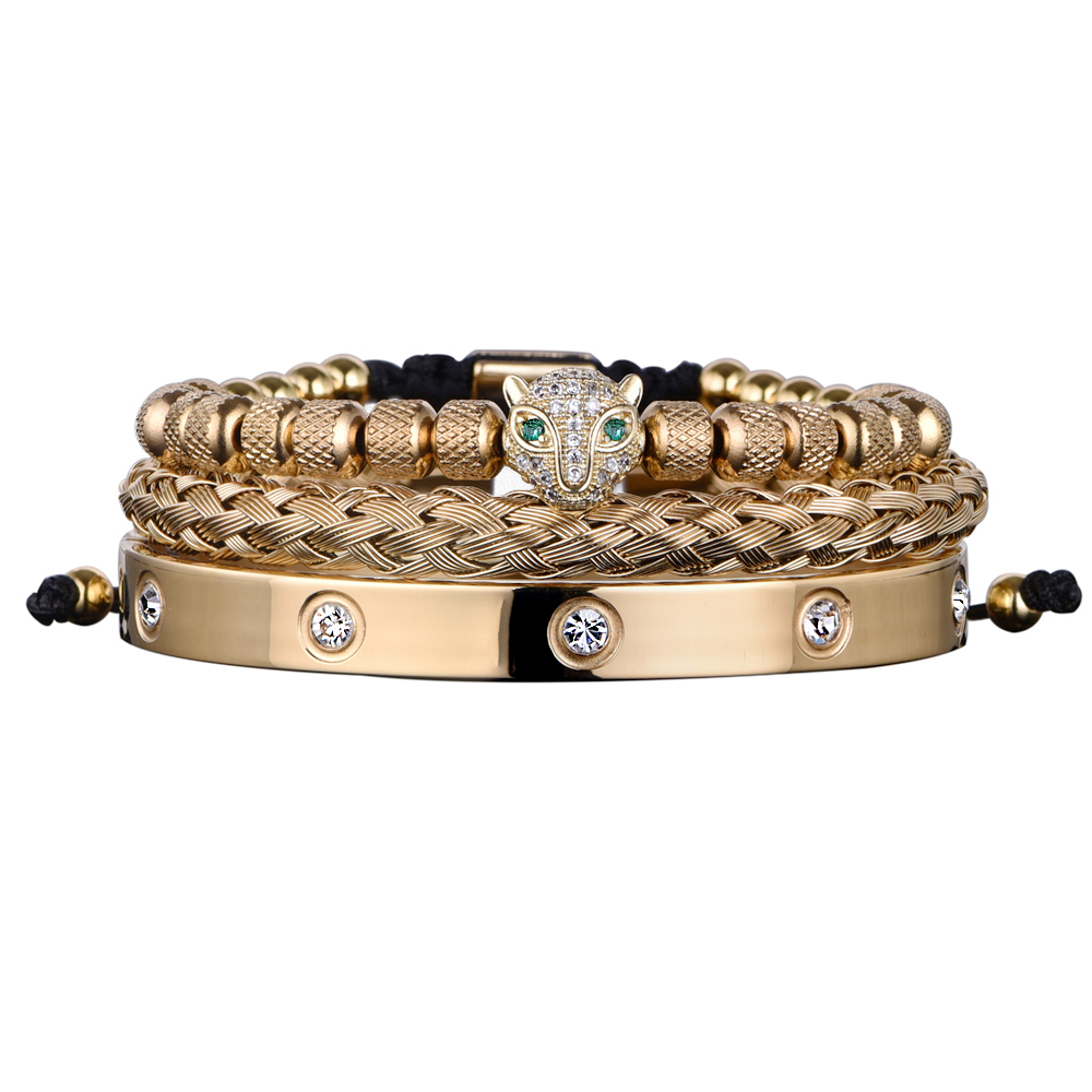 Luxury Micro Pave CZ Leopard Head Roman Royal Charm Bracelets Men Bracelets Stainless Steel Crystals Bangles Couple Handmade Jewelry Gift