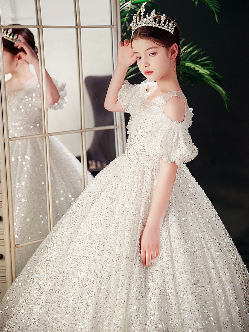 2023 Lovely Christmas Dark white Flower Girls Dresses Jewel Neck Crystal Beads Tulle Tiered Floor Length sequined Kids Birthday Girl Pageant Gowns