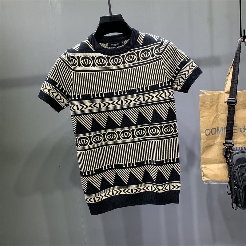 Men's T-Shirts printed Short Sleeve Knitting T-Shirt Men Slim Streetwear Contrast T Shirt Tee Homme Social Club Outfits cotton knit pluz size Tshirt clothing