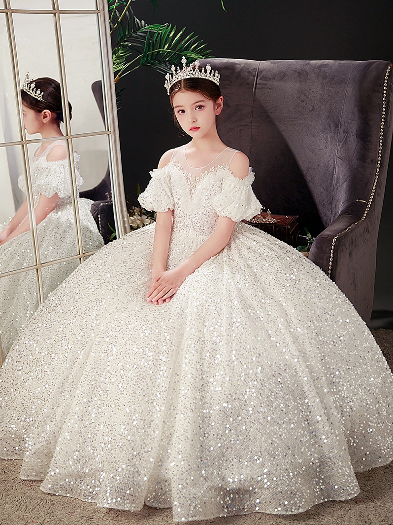 2023 Lovely Christmas Dark white Flower Girls Dresses Jewel Neck Crystal Beads Tulle Tiered Floor Length sequined Kids Birthday Girl Pageant Gowns