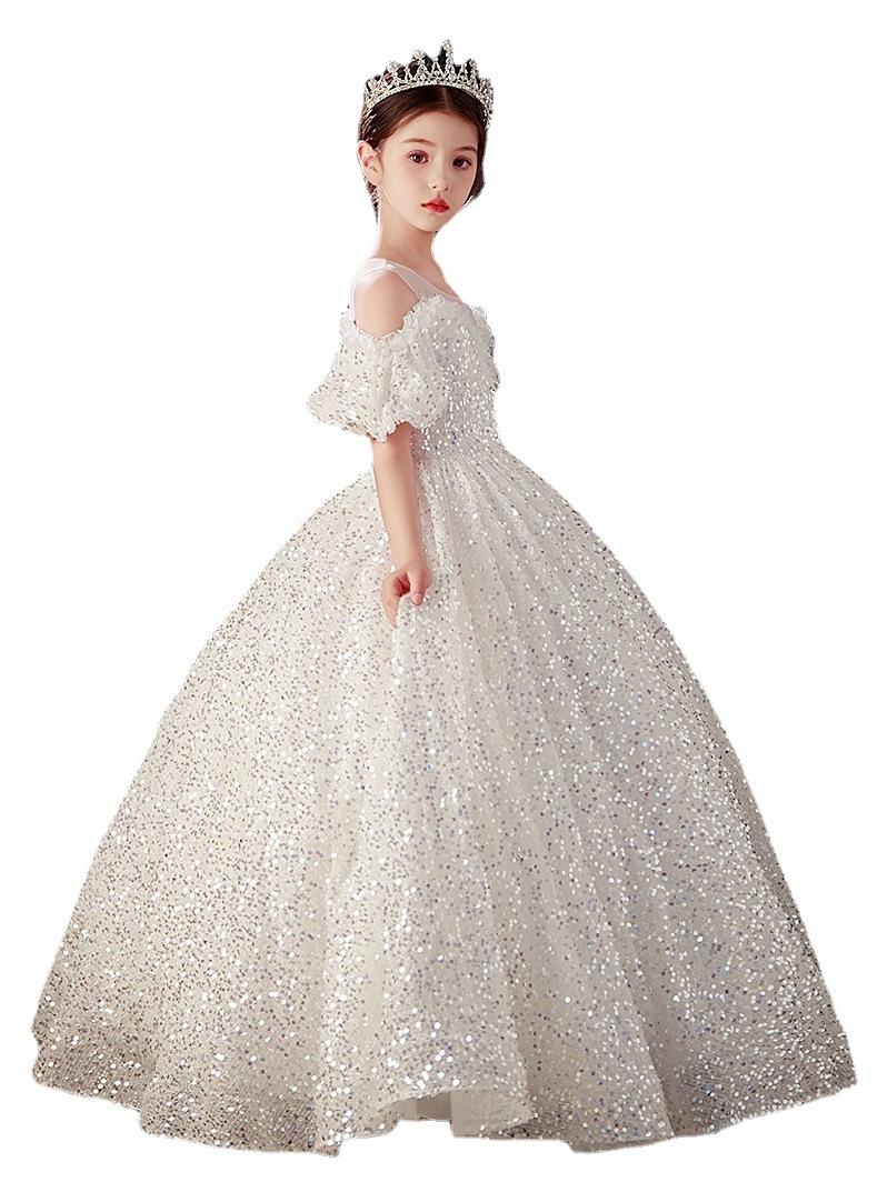 2023 Lovely Christmas Dark white Flower Girls Dresses Jewel Neck Crystal Beads Tulle Tiered Floor Length sequined Kids Birthday Girl Pageant Gowns