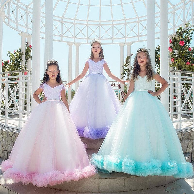Girl Dresses Elegant Flower Lace Appliques Sleeveless Fluffy Tulle V-Neck Pageant First Holy Communion Party, Silver