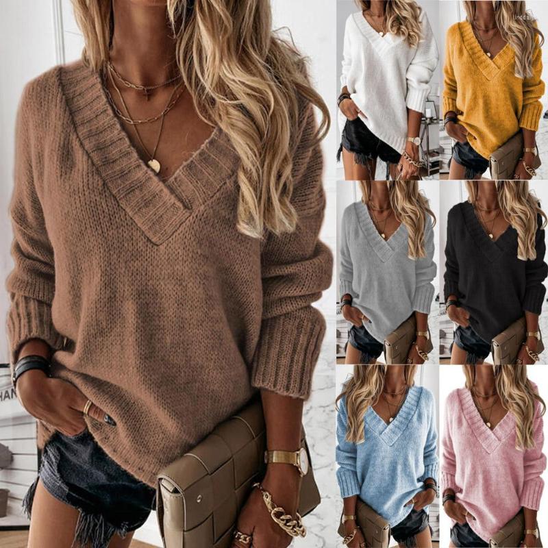 

Women' Sweaters Autumn Winter Sweater V-Neck Coarse Yarn Knitted Striped Knitwear Women Casual Solid Color Pullovers Loose Jumper KNIT, Black