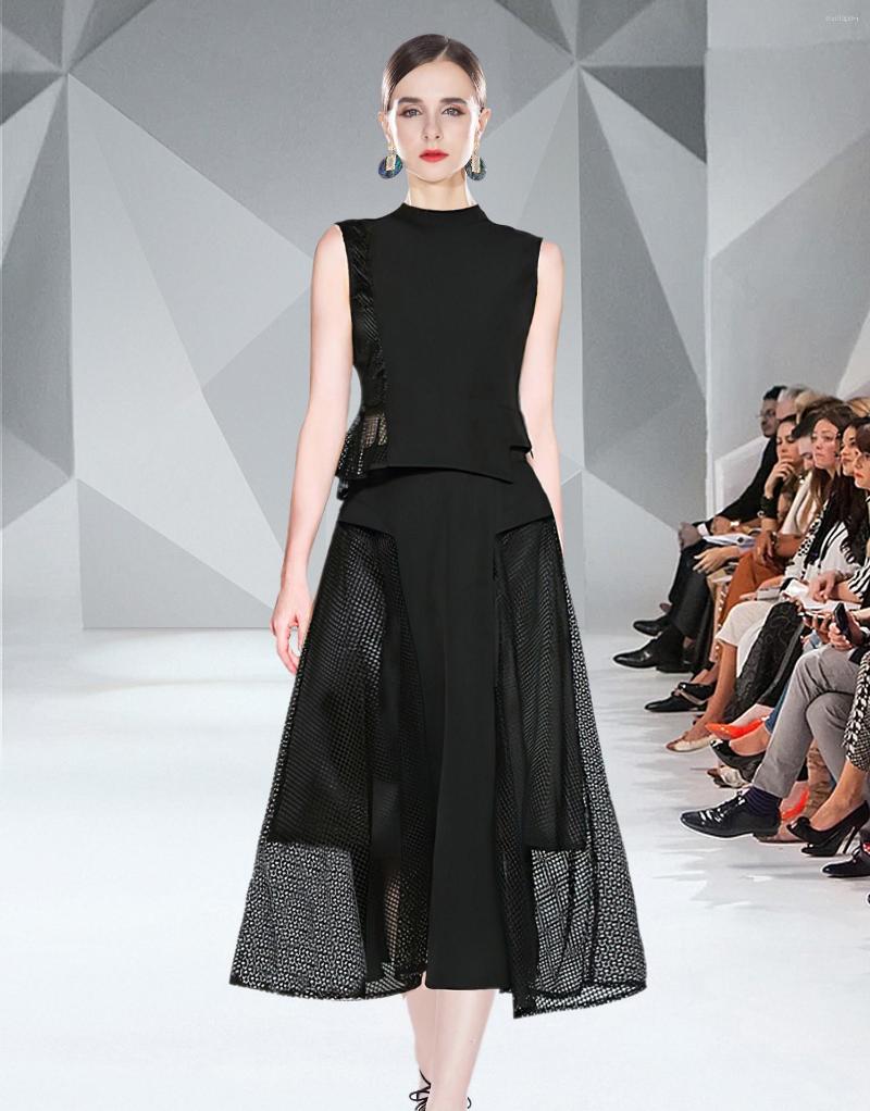 Work Dresses Fashion Summer Elegant Black Two Piece Set Runway Women Stand Collar Sleeveless Tops Hight Waist Mesh Patchwork Skirt Suit, Picture color 
Work Dresses Fashion Summer Elegant Black Two Piece Set Runway Women Stand Collar Sleeveless Tops Hight Waist Mesh Patchwork Skirt Suit, Picture color
