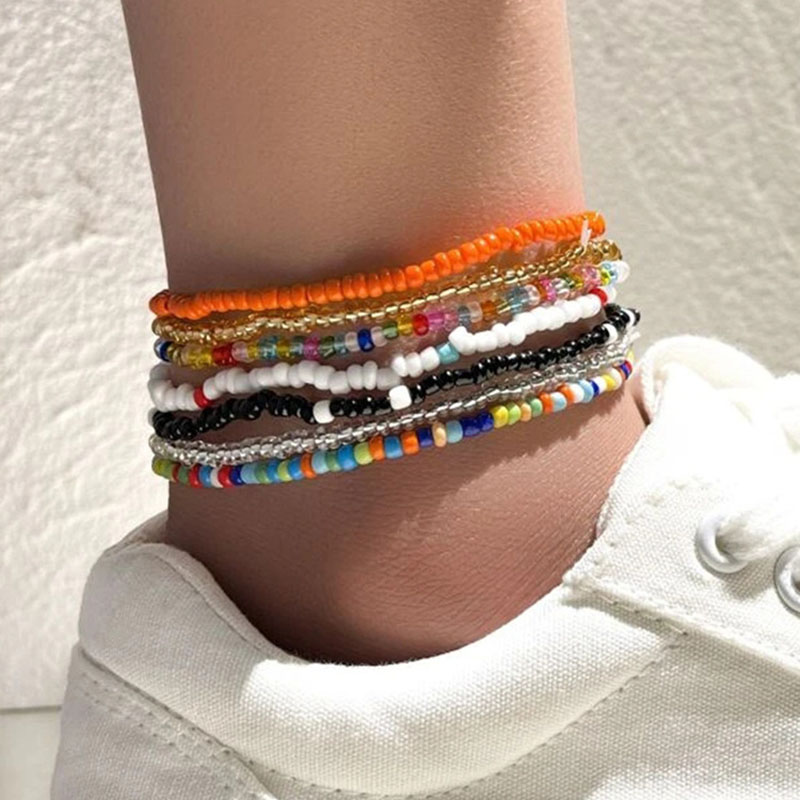 Boho Handmade Beaded African Anklets Multicolor Women Stretch Seed Beads Rainbow Ankle Bracelets Glass Bead Bracelet Elastic Foot and Hand Chain Jewel